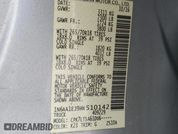 2017 Nissan Titan S with VIN 1N6AA1EJ9HN510142, listed as a Copart auction lot 48315405 with 120,766 mi miles and Salvage Title. Bid and sale history available at carsss.com. Image 13.