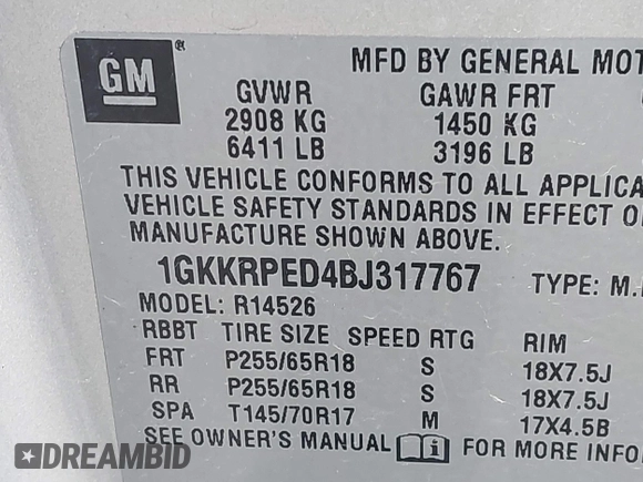 2011 GMC Acadia SLE with VIN 1GKKRPED4BJ317767, listed as a IAAI auction lot 42002521 with 196,405 mi miles. Bid and sale history available at carsss.com. Image 9.