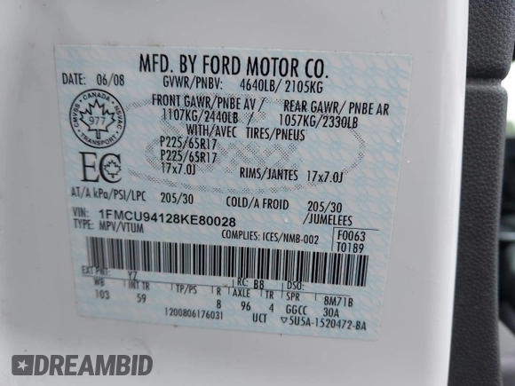 2008 Ford Escape Limited с VIN 1FMCU94128KE80028, выставлен на аукционе IAAI как лот 42168190 с пробегом 180 565 миль миль и . История ставок и продаж доступна на DreamBid. Изображение 9.