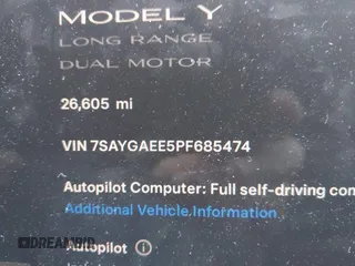 2023 Tesla Model Y Long Range with VIN 7SAYGAEE5PF685474, listed as a IAAI auction lot 40348773 with 26,605 mi miles and . Bid and sale history available at DreamBid. Image 7.
