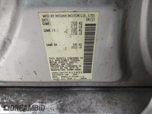 2015 Nissan Altima SV with VIN 1N4AL3AP7FC415435, listed as a IAAI auction lot 41594277 with 178,298 mi miles and . Bid and sale history available at DreamBid. Image 9.