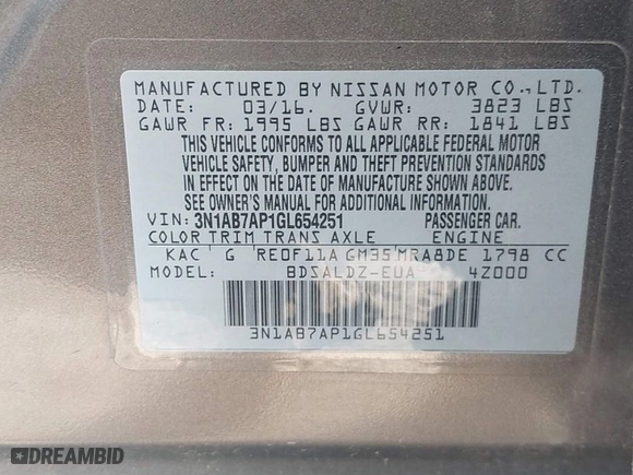 2016 Nissan Sentra SR with VIN 3N1AB7AP1GL654251, listed as a IAAI auction lot 41860006 with 71,407 mi miles. Bid and sale history available at carsss.com. Image 9.