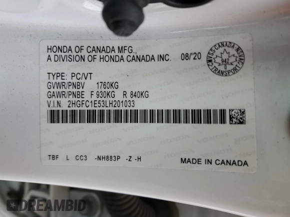2020 Honda Civic Si with VIN 2HGFC1E53LH201033, listed as a Copart auction lot 77314194 with 79,000 mi miles and Clean Title. Bid and sale history available at DreamBid. Image 12.