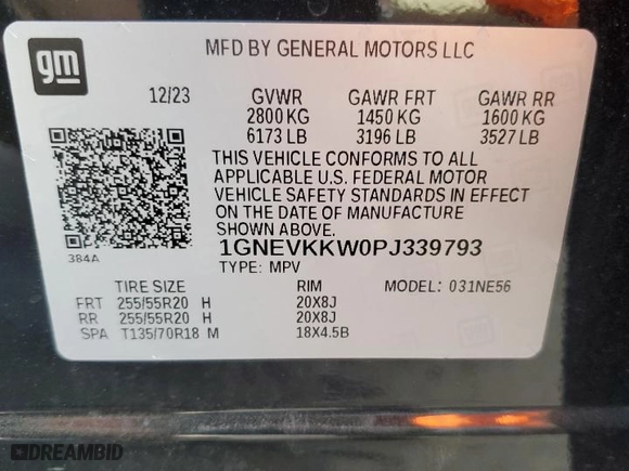 2023 Chevrolet Traverse Premier with VIN 1GNEVKKW0PJ339793, listed as a Copart auction lot 77955924 with 12,295 mi miles and Salvage Title. Bid and sale history available at carsss.com. Image 13.