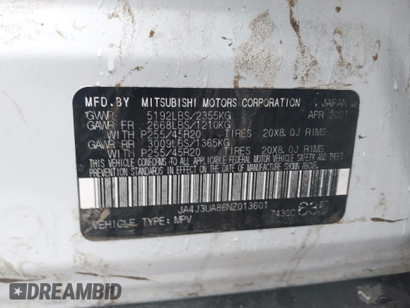 2022 Mitsubishi Outlander SE z VIN JA4J3UA86NZ013601, wystawiony jako IAAI lot #42009537 z przebiegiem 56 293 mil mil oraz . Historia ofert i sprzedaży dostępna na DreamBid. Obrazek 9.