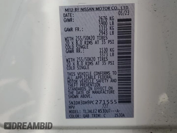 2023 Nissan Pathfinder Platinum with VIN 5N1DR3DH9PC271555, listed as a Copart auction lot 55028165 with 14,137 mi miles and Salvage title. Bid and sale history available at DreamBid. Image 13.