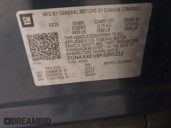 2019 Chevrolet Equinox Premier z VIN 2GNAXXEV9K6265112, wystawiony jako IAAI lot #42277109 z przebiegiem 64 261 mil mil oraz . Historia ofert i sprzedaży dostępna na DreamBid. Obrazek 9.