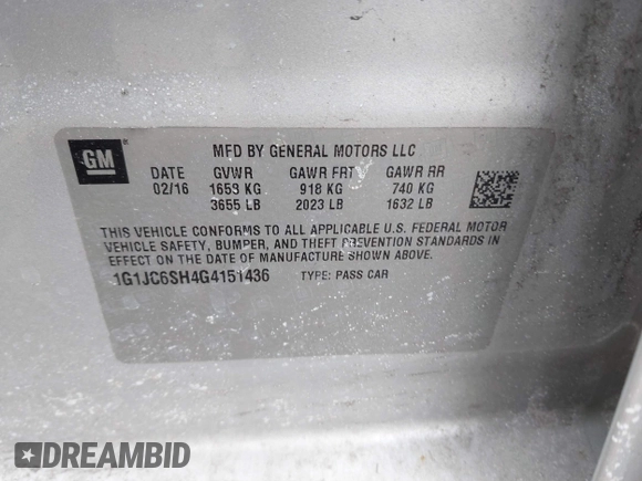 2016 Chevrolet Sonic LT with VIN 1G1JC6SH4G4151436, listed as a IAAI auction lot 41709048 with 121,121 mi miles. Bid and sale history available at carsss.com. Image 9.