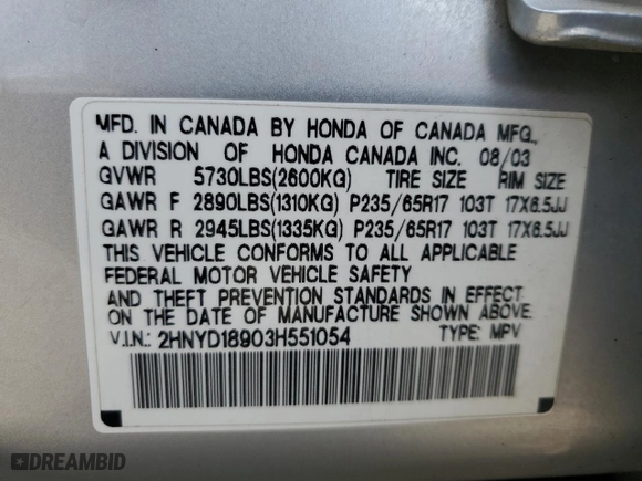 2003 Acura MDX Touring Pkg RES w/Navigation System with VIN 2HNYD18903H551054, listed as a Copart auction lot 51535035 with 244,550 mi miles and Salvage Title. Bid and sale history available at carsss.com. Image 15.