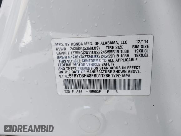 2015 Acura MDX Technology with VIN 5FRYD3H48FB011286, listed as a IAAI auction lot 42058039 with 66,038 mi miles and . Bid and sale history available at DreamBid. Image 9.