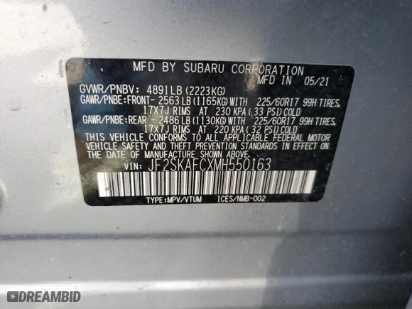 2021 Subaru Forester Premium with VIN JF2SKAFCXMH550163, listed as a Copart auction lot 52045795 with 45,129 mi miles and Salvage Title. Bid and sale history available at carsss.com. Image 13.