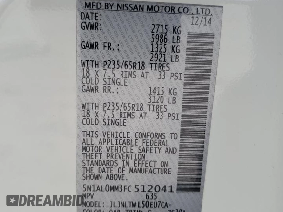 2015 Infiniti QX60 with VIN 5N1AL0MM3FC512041, listed as a Copart auction lot 51997155 with 117,620 mi miles and Salvage Title. Bid and sale history available at DreamBid. Image 13.