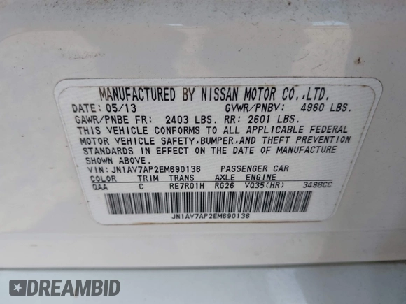 2014 Infiniti Q50 Hybrid Premium with VIN JN1AV7AP2EM690136, listed as a IAAI auction lot 42481510 with 203,832 mi miles and . Bid and sale history available at DreamBid. Image 9.