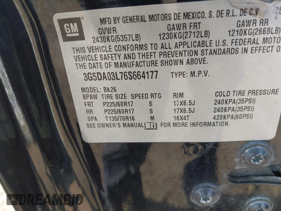 2006 Buick Rendezvous with VIN 3G5DA03L76S664177, listed as a IAAI auction lot 42097677 with 141,140 mi miles and . Bid and sale history available at DreamBid. Image 9.