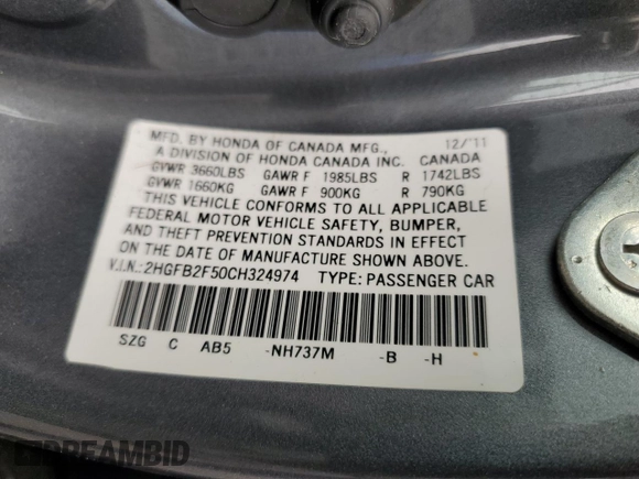 2012 Honda Civic LX z VIN 2HGFB2F50CH324974, wystawiony jako Copart lot #57442305 z przebiegiem 124 462 mil mil oraz Szkoda całkowita • Salvage title. Historia ofert i sprzedaży dostępna na DreamBid. Obrazek 12.