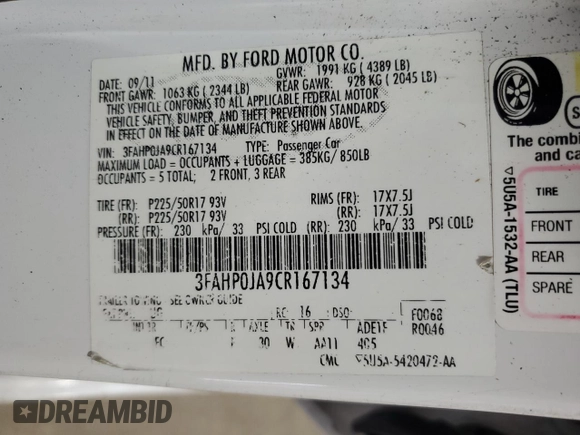 2012 Ford Fusion SEL with VIN 3FAHP0JA9CR167134, listed as a Copart auction lot 50869835 with 128,956 mi miles and Salvage Title. Bid and sale history available at DreamBid. Image 12.