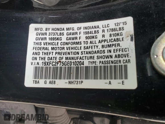 2016 Honda Civic EX with VIN 19XFC2F75GE010204, listed as a Copart auction lot 50986685 with 114,866 mi miles and Salvage Title. Bid and sale history available at DreamBid. Image 14.