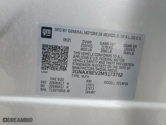 2021 Chevrolet Equinox LS with VIN 3GNAXSEV2MS173752, listed as a Copart auction lot 51205825 with 100,507 mi miles and Salvage Title. Bid and sale history available at carsss.com. Image 13.