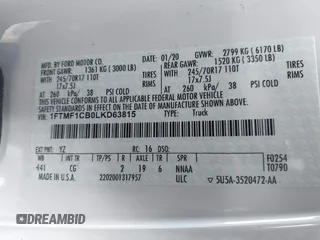 2020 Ford F-150 XL with VIN 1FTMF1CB0LKD63815, listed as a IAAI auction lot 41719059 with 33,021 mi miles and . Bid and sale history available at carsss.com. Image 9.
