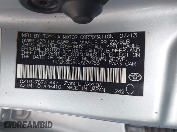 2013 Toyota Prius Two with VIN JTDZN3EU8D3279756, listed as a IAAI auction lot 41859346 with 95,457 mi miles and . Bid and sale history available at carsss.com. Image 9.
