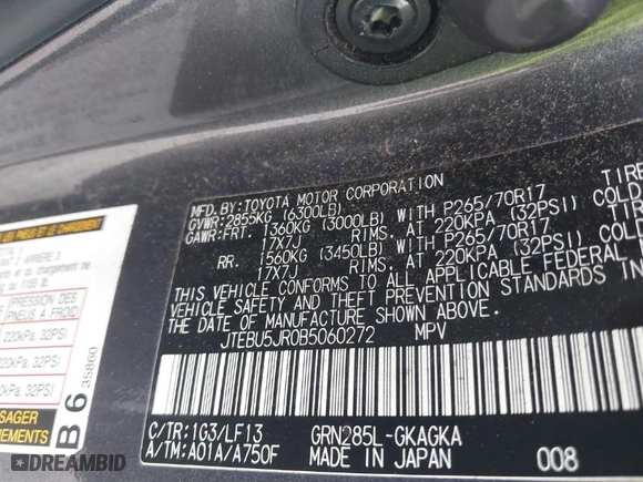 2011 Toyota 4Runner Trail with VIN JTEBU5JR0B5060272, listed as a IAAI auction lot 41649776 with 212,153 mi miles. Bid and sale history available at carsss.com. Image 9.