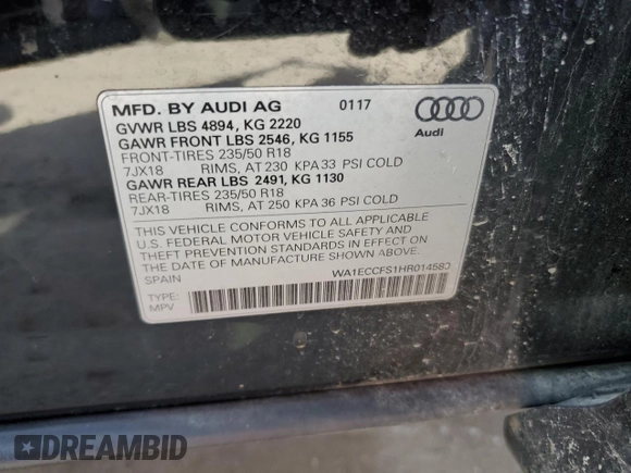 2017 Audi Q3 Premium with VIN WA1ECCFS1HR014580, listed as a Copart auction lot 49948725 with 119,336 mi miles and Salvage title. Bid and sale history available at DreamBid. Image 13.
