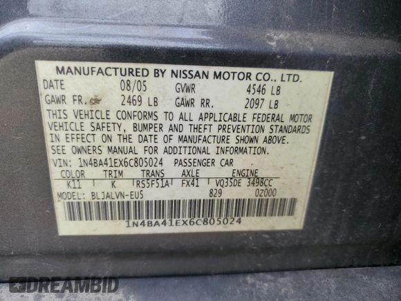 2006 Nissan Maxima 3.5 SE with VIN 1N4BA41EX6C805024, listed as a Copart auction lot 65024384 with 233,828 mi miles and Salvage Title. Bid and sale history available at carsss.com. Image 12.