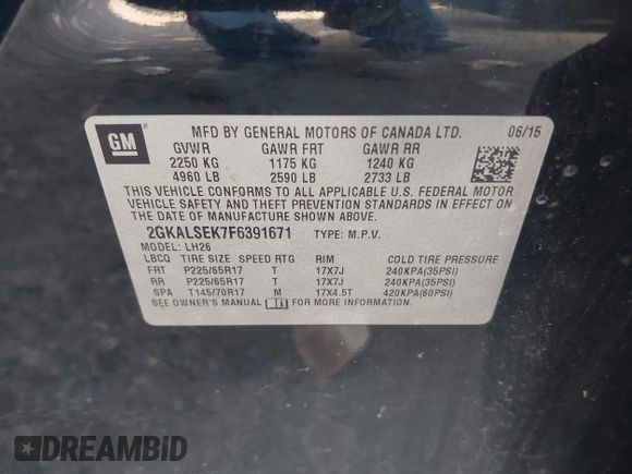 2015 GMC Terrain SLT with VIN 2GKALSEK7F6391671, listed as a IAAI auction lot 40296539 with 140,452 mi miles. Bid and sale history available at carsss.com. Image 9.