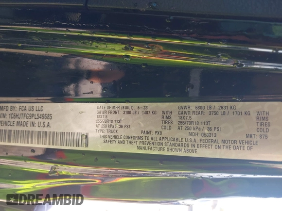 2023 Jeep Gladiator Overland z VIN 1C6HJTFG9PL549685, wystawiony jako IAAI lot #42037635 z przebiegiem 40 734 mil mil oraz . Historia ofert i sprzedaży dostępna na DreamBid. Obrazek 9.