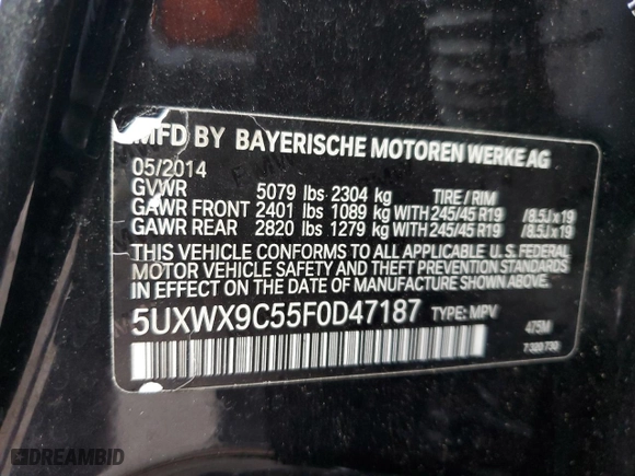 2015 BMW X3 xDrive28i with VIN 5UXWX9C55F0D47187, listed as a Copart auction lot 48899175 with 57,992 mi miles and Salvage Title. Bid and sale history available at carsss.com. Image 15.
