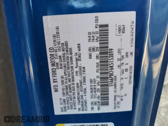 2019 Ford Mustang GT with VIN 1FA6P8CF6K5153899, listed as a Copart auction lot 47119425 with 78,799 mi miles and Salvage title. Bid and sale history available at DreamBid. Image 12.