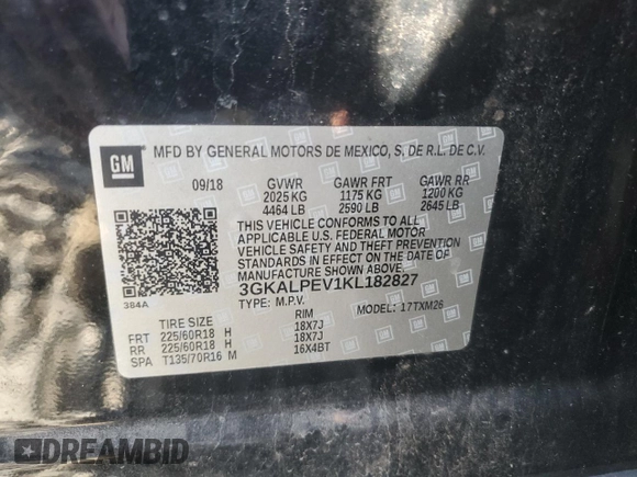 2019 GMC Terrain SLT with VIN 3GKALPEV1KL182827, listed as a Copart auction lot 42965645 with 146,442 mi miles and Salvage Title. Bid and sale history available at DreamBid. Image 14.