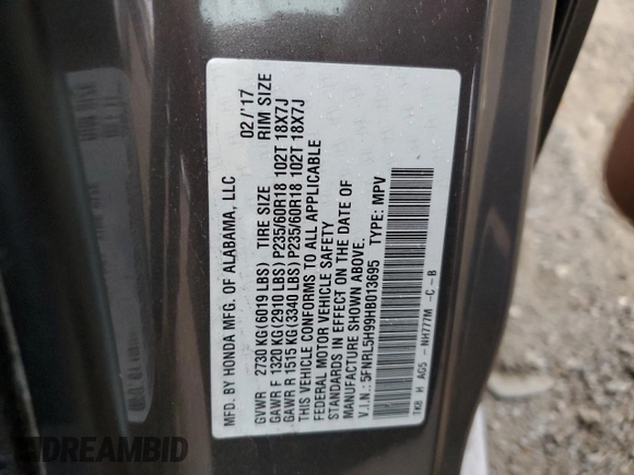 2017 Honda Odyssey Touring с VIN 5FNRL5H99HB013695, выставлен на аукционе Copart как лот 77975504 с пробегом 73 755 миль миль и Списание • Salvage title. История ставок и продаж доступна на DreamBid. Изображение 15.