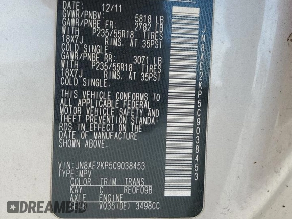 2012 Nissan Quest SL with VIN JN8AE2KP5C9038453, listed as a Copart auction lot 53884165 with 146,863 mi miles and Clean Title. Bid and sale history available at carsss.com. Image 13.