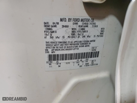 2008 Ford Edge Limited with VIN 2FMDK39C88BB12710, listed as a Copart auction lot 83646774 with 0 mi miles and Salvage Title. Bid and sale history available at carsss.com. Image 14.