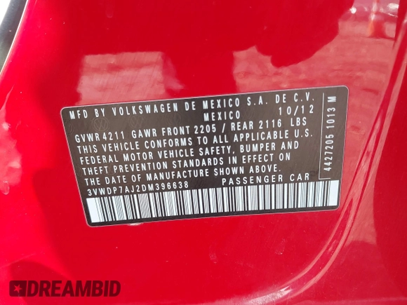 2013 Volkswagen Jetta SE z VIN 3VWDP7AJ2DM396638, wystawiony jako IAAI lot #41917933 z przebiegiem 156 882 mil mil oraz . Historia ofert i sprzedaży dostępna na DreamBid. Obrazek 9.
