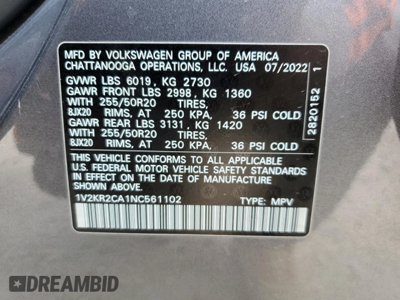 2022 Volkswagen Atlas SE z VIN 1V2KR2CA1NC561102, wystawiony jako Copart lot #49273605 z przebiegiem 43 983 mil mil oraz Szkoda całkowita • Salvage title. Historia ofert i sprzedaży dostępna na DreamBid. Obrazek 13.