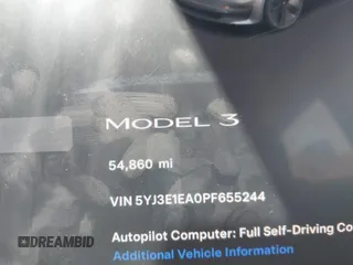 2023 Tesla Model 3 z VIN 5YJ3E1EA0PF655244, wystawiony jako IAAI lot #42004592 z przebiegiem 54 860 mil mil oraz . Historia ofert i sprzedaży dostępna na DreamBid. Obrazek 7.