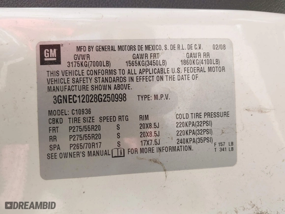 2008 Chevrolet Avalanche LT w/2LT with VIN 3GNEC12028G250998, listed as a IAAI auction lot 42056165 with 273,777 mi miles. Bid and sale history available at carsss.com. Image 9.