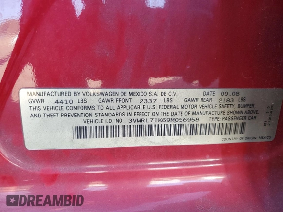 2009 Volkswagen Jetta TDI with VIN 3VWRL71K69M056958, listed as a Copart auction lot 88103795 with 187,209 mi miles and Salvage title. Bid and sale history available at DreamBid. Image 12.