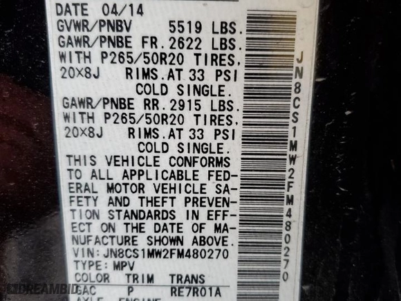 2015 Infiniti QX70 with VIN JN8CS1MW2FM480270, listed as a Copart auction lot 85131594 with NaN miles and Non Repairable. Bid and sale history available at carsss.com. Image 13.