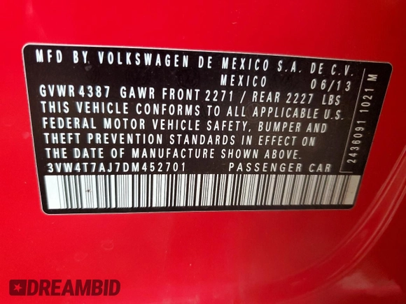 2013 Volkswagen Jetta GLI Autobahn with VIN 3VW4T7AJ7DM452701, listed as a Copart auction lot 61626095 with 96,464 mi miles and Salvage title. Bid and sale history available at DreamBid. Image 12.