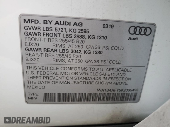 2019 Audi SQ5 Premium Plus with VIN WA1B4AFY5K2086455, listed as a Copart auction lot 37551534 with 40,898 mi miles and . Bid and sale history available at DreamBid. Image 14.