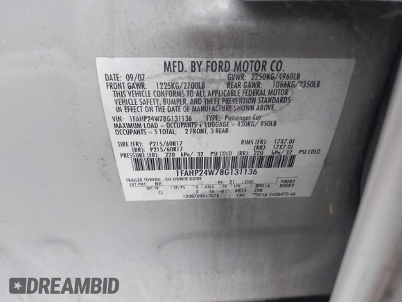 2008 Ford Taurus SEL with VIN 1FAHP24W78G131136, listed as a IAAI auction lot 42636103 with 112,877 mi miles and . Bid and sale history available at DreamBid. Image 9.