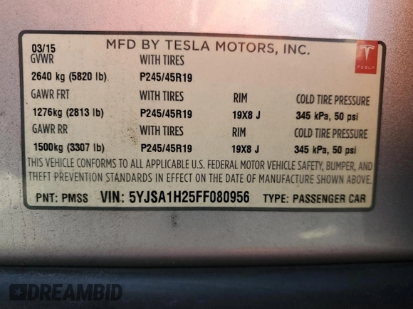 2015 Tesla Model S 85D with VIN 5YJSA1H25FF080956, listed as a Copart auction lot 45336675 with 118,377 mi miles and Salvage Title. Bid and sale history available at carsss.com. Image 12.