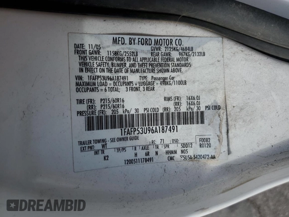 2006 Ford Taurus SE с VIN 1FAFP53U96A187491, выставлен на аукционе Copart как лот 55109005 с пробегом 121 856 миль миль и Списание • Salvage title. История ставок и продаж доступна на DreamBid. Изображение 12.