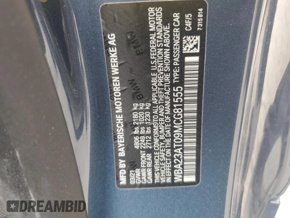 2021 BMW 4 Series 430i with VIN WBA23AT09MCG81555, listed as a Copart auction lot 81284974 with 18,219 mi miles and Salvage title. Bid and sale history available at DreamBid. Image 12.