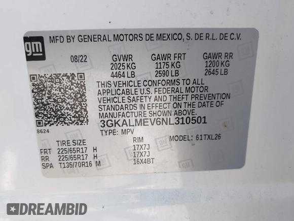 2022 GMC Terrain SLE with VIN 3GKALMEV6NL310501, listed as a IAAI auction lot 42061201 with 48,721 mi miles. Bid and sale history available at carsss.com. Image 9.