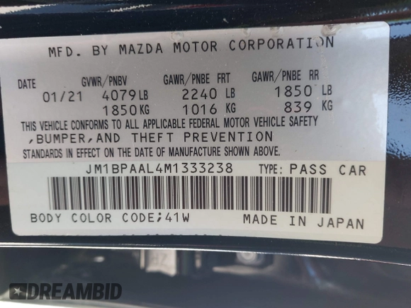 2021 Mazda 3 S z VIN JM1BPAAL4M1333238, wystawiony jako IAAI lot #40532801 z przebiegiem 33 538 mil mil oraz . Historia ofert i sprzedaży dostępna na DreamBid. Obrazek 9.