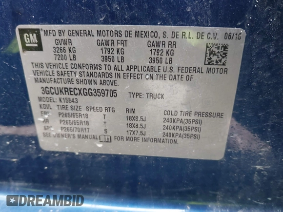 2016 Chevrolet Silverado 1500 LT with VIN 3GCUKRECXGG359705, listed as a IAAI auction lot 41644633 with 157,957 mi miles and . Bid and sale history available at DreamBid. Image 9.
